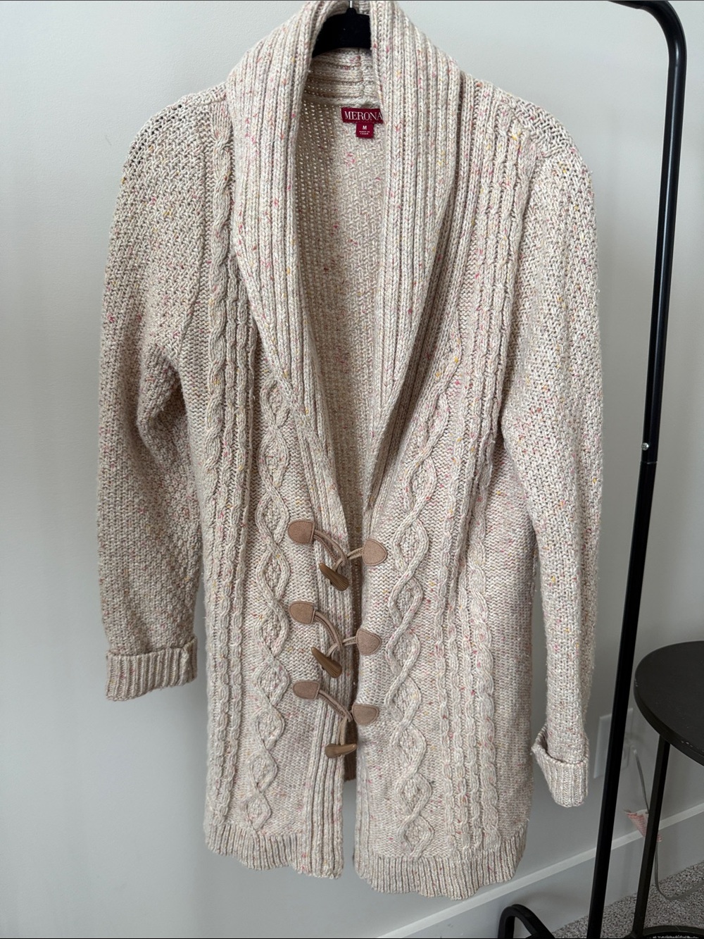 Cream Speckled Cable-Knit Shawl Collar Cardigan with Toggle Closures